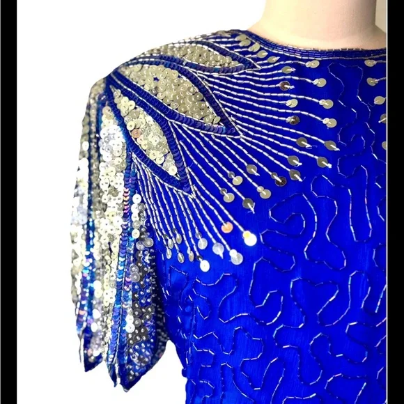 Laurence Kazar Vintage 80’s Blue Dress w/ Silver‎ Peacock Sequins and Open Back - Picture 7 of 10